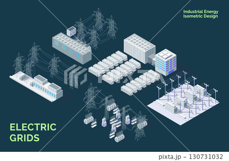Cartoon Color Electric Grids Object Set Industrial Energy Building Concept 3d Isometric View. Vector illustration of Substation Elements and Powerwall 130731032