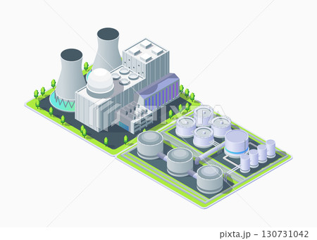 Cartoon Color Tank Farm and Nuclear Power Plant Object Industrial Energy Building Concept 3d Isometric View. Vector illustration 130731042