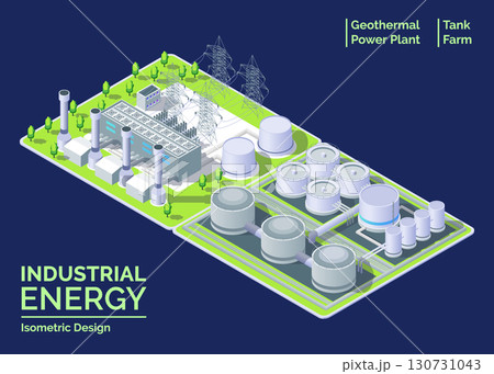 Cartoon Color Tank Farm and Geothermal Power Plant Object Industrial Energy Building Concept 3d Isometric View. Vector illustration 130731043