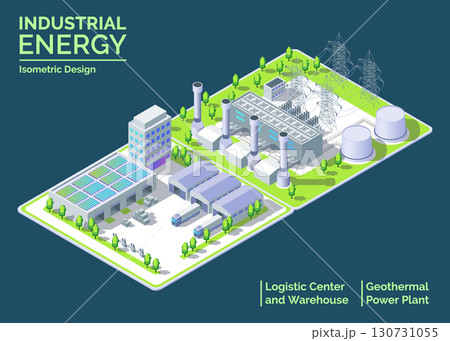 Cartoon Color Geothermal Power Plant, Logistic Center and Warehouse Industrial Energy Building Concept 3d Isometric View. Vector illustration Cartoon Color Geothermal Power Plant, Logistic Center and Warehouse Industrial Energy Building Concept 3d Isometric View. Vector illustration 130731055