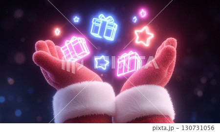 Santa Claus holds magical glowing gifts and stars in a festive winter wonderland atmosphere 130731056
