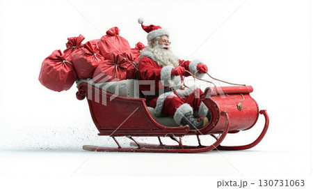Santa Claus joyfully rides a classic red sleigh filled with gifts through a snowy winter landscape 130731063