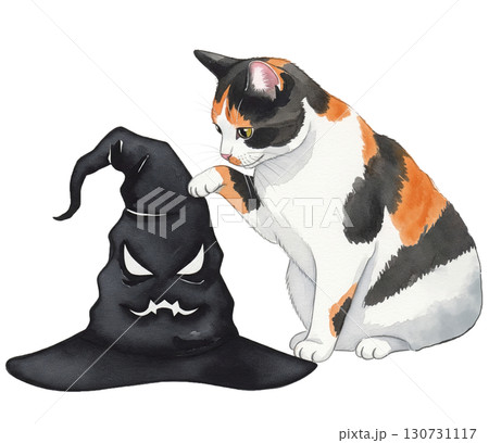 A Calico cat is poking the demon witch hat 130731117