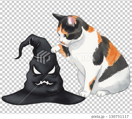 A Calico cat is poking the demon witch hat 130731117