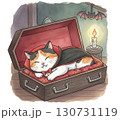 A Calico cat is sleeping in coffin like vampire 130731119