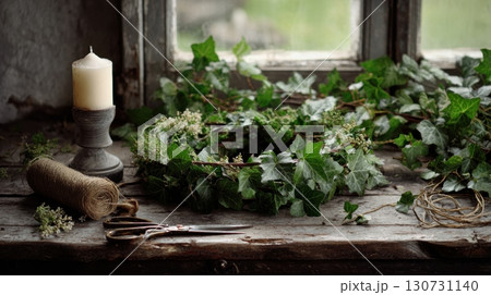 Rustic scene with a handmade ivy wreath on an old wooden table 130731140