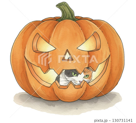 A Calico cat is hiding in the huge demon pumpkin 130731141
