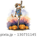 A Calico cat wear some dress look like a scarecrow 130731145