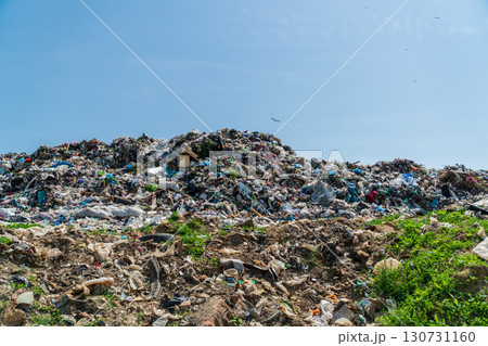 Huge outdoor landfill site with mountains of diverse garbage, plastic waste, and refuse under a clear blue sky. Environmental pollution. Huge outdoor landfill site with mountains of diverse garbage, plastic waste, and refuse under a clear blue sky. Environmental pollution. 130731160