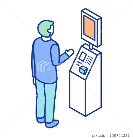 キオスクの筐体の前に立ち、操作する人物のアイソメトリックイラスト。セルフレジでの決済。自動チェックイ 130731221