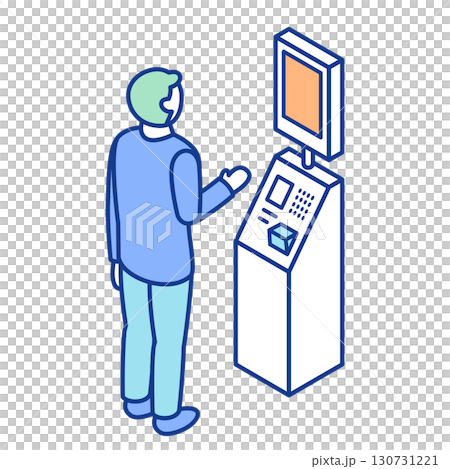 キオスクの筐体の前に立ち、操作する人物のアイソメトリックイラスト。セルフレジでの決済。自動チェックイ 130731221