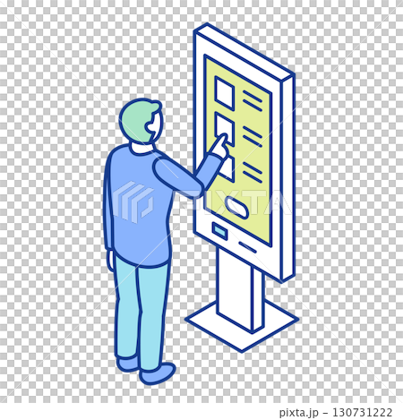 Isometric image of a person standing in front of a large display digital signage enclosure and operating a touch panel 130731222