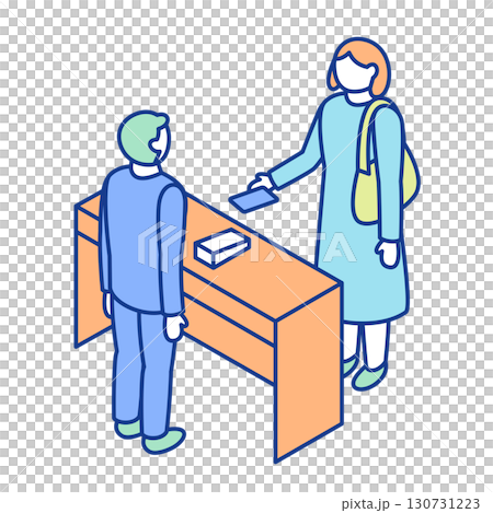 受付でキャッシュレス決済をする人物のアイソメトリックイラスト。カウンターを挟んで対面する店員と買い物 受付でキャッシュレス決済をする人物のアイソメトリックイラスト。カウンターを挟んで対面する店員と買い物 130731223