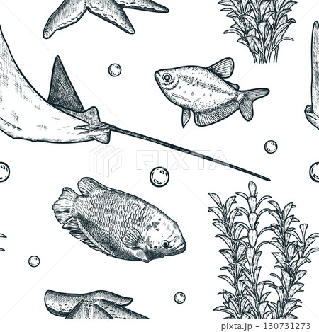 Seamless sea pattern with fish, manta ray, seaweed, starfish, bubbles. Hand drawn vector illustration Seamless sea pattern with fish, manta ray, seaweed, starfish, bubbles. Hand drawn vector illustration 130731273