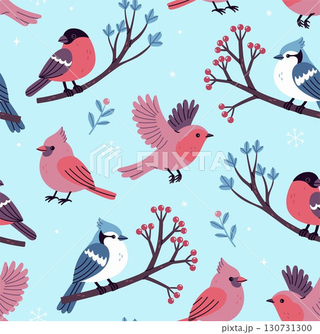 Seamless pattern with different winter birds. Vector graphics. Seamless pattern with different winter birds. Vector graphics. 130731300