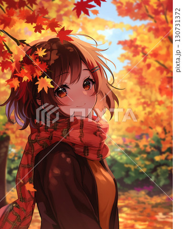 紅葉を背景に立つ少女　AI画像 130731372