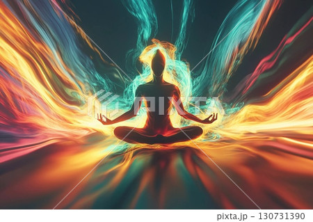 Energetic Flow of Colors Envelops a Meditating Figure in Vibrant Harmony Generative AI 130731390