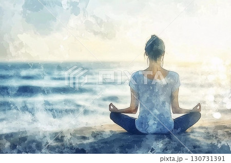 Meditation by the Tranquil Sea at Sunrise for Inner Peace and Reflection Generative AI 130731391