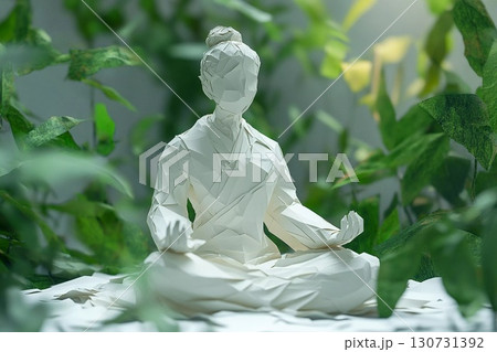 Meditation Depicted Through Intricate Paper Applique Surrounded by Lush Foliage Generative AI 130731392