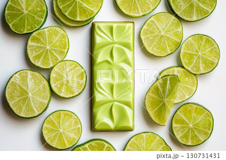Delightful Chocolate Bar Surrounded by Fresh Lime Slices on a Crisp White Backdrop Generative AI 130731431