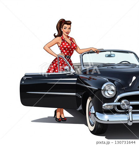 アメリカンヴィンテージとクラシックカーとピンナップガール　黒い旧車と赤い服の女性 130731644