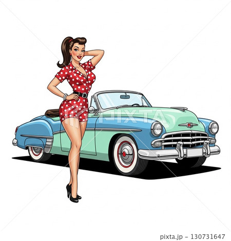 アメリカンヴィンテージとクラシックカーとピンナップガール　水色のアメ車と赤い服の女性 130731647