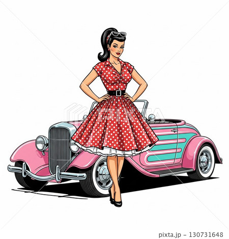 アメリカンヴィンテージとクラシックカーとピンナップガール　ピンクのアメ車と赤い服の女性 130731648
