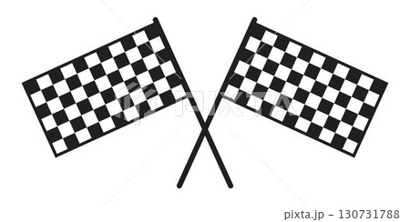 Two crossed race flags. Start or finish sport car competition banners with checkered black and white squares print. Motocross, rally, auto marathon championship pennants. Vector graphic illustration 130731788