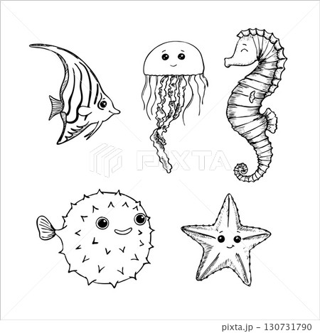 Cartoon Sea Animal drawn in line art style. Sea set. Vector illustration Cartoon Sea Animal drawn in line art style. Sea set. Vector illustration 130731790