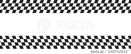 Top and bottom borders with race flag or checkerboard print. Chess game or rally sport car competition background with empty space. Slanted black and white checkered pattern. Vector illustration 130732012
