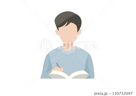 水彩風の男性イラスト　ノートに書き込む学習姿　PNG切り抜き素材 130732097