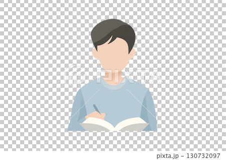 水彩風の男性イラスト　ノートに書き込む学習姿　PNG切り抜き素材 130732097