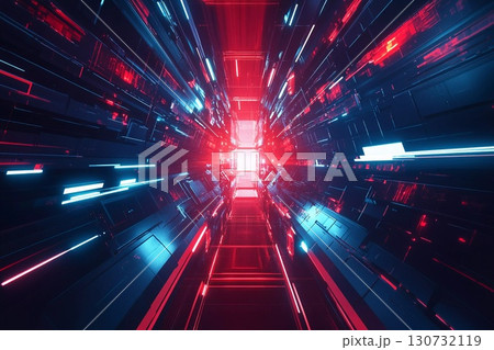 Dynamic Interplay of Red and Blue Geometric Patterns in a Futuristic Landscape Generative AI 130732119