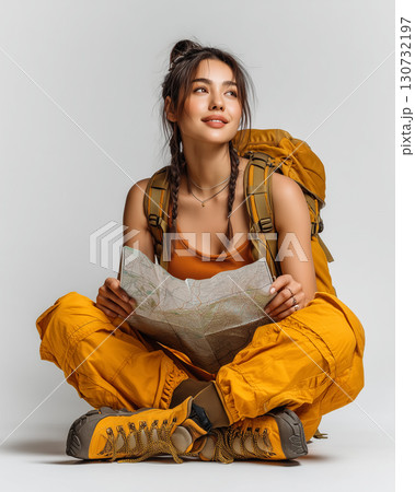 鮮やかなアウトドアコーデの女性登山者｜地図を手にした冒険心あふれるポートレート 130732197