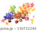 紅葉を背景にした秋冬のフルーツの集合。栗、柿、イチジク、洋梨、ブドウの水彩イラスト。  130732240