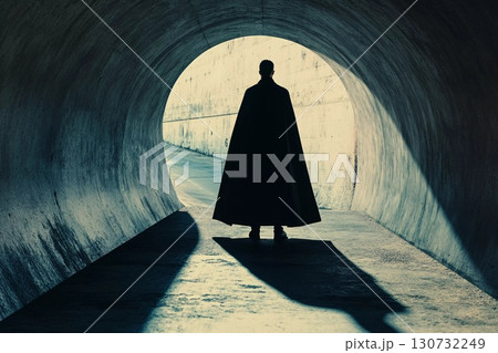 Lonely Figure Draped in Shadows Walks Through a Mysterious Tunnel at Dusk Generative AI 130732249