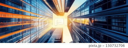 Skyward Gaze A Stunning Modern Cityscape Captured in Bright Sunshine and Reflective Architecture. 130732706