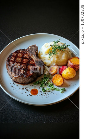 Elegant Grilled T-bone Steak with Creamy Mashed Potatoes in Fine Dining Presentation Style 130732838