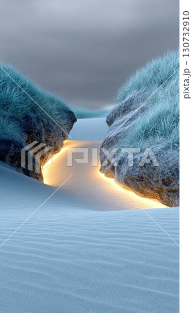 Serene Landscape Abstract River of Light Flowing Between Beautiful Blue and Orange Sand Dunes 130732910