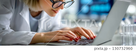 Female Doctor Analyzing Healthcare Reports on Computer, Working with Clinical Data Examination Tools 130732960
