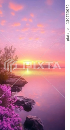 Serene Sunrise Radiance Over Still Lake Waters, Pastel Sky Reflections, Captivating Shoreline Beauty 130733070