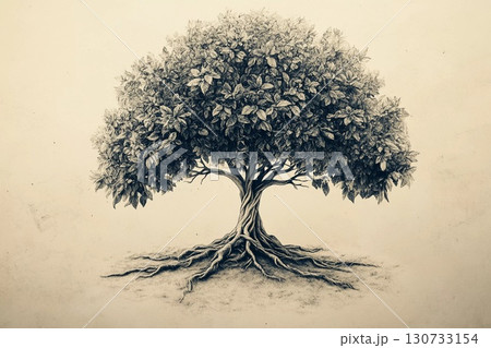 Majestic Tree With Intricate Roots and Vibrant Leaves in a Timeless Landscape Generative AI 130733154