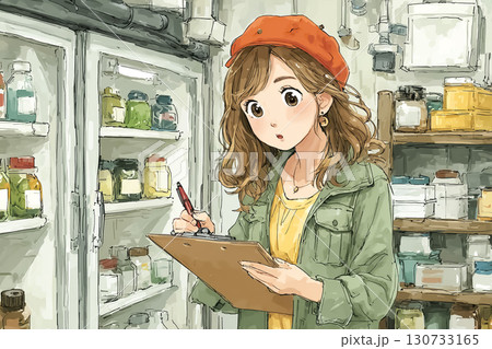 美優シリーズ：食品物流 冷蔵庫でリストを確認する美優 130733165