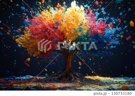 Colorful Paint Splashes Transform a Tree Into a Vibrant Masterpiece of Chaos Generative AI 130733180