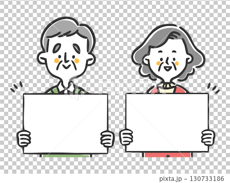 Senior couple holding a board, upper body, vector 130733186