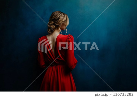 Elegance Unfolds With a Red Dress Against a Mesmerizing Blue Backdrop Generative AI 130733292