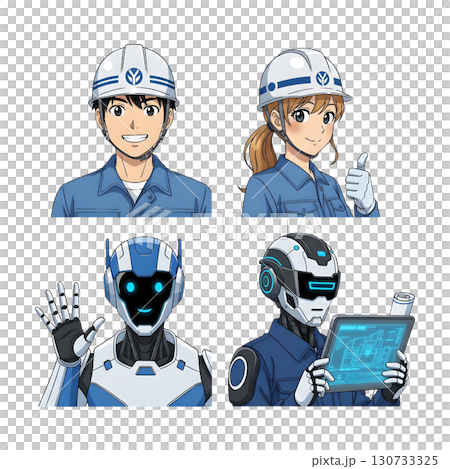 Builders dressed in protective vests and helmets. Construction worker character 130733325