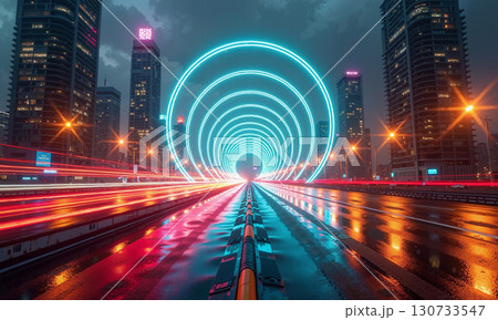 Futuristic road with neon light tunnel 130733547