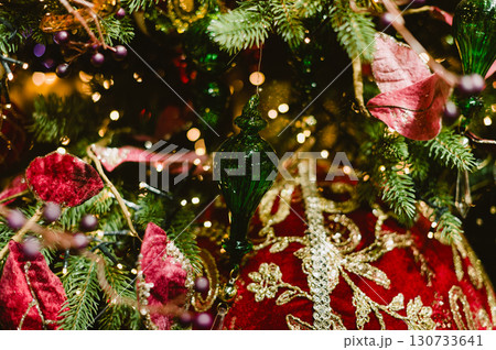 A Christmas tree with red and green ornaments A Christmas tree with red and green ornaments 130733641