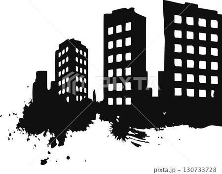 Urban skyline silhouette, city buildings splash, vector black grunge paint stain illustration. Abstract messy ink blotch, street art design element. Cityscape skyline 130733728
